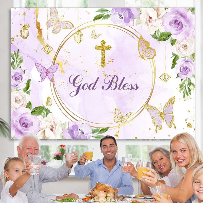 Lofaris Purple Floral Glitter God Bless Baby Shower Backdrop