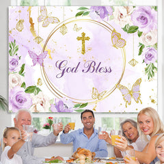 Lofaris Purple Floral Glitter God Bless Baby Shower Backdrop