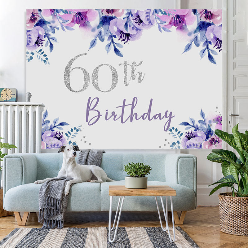 Lofaris Purple Floral Glitter Happy 60Th Birthday Backdrop