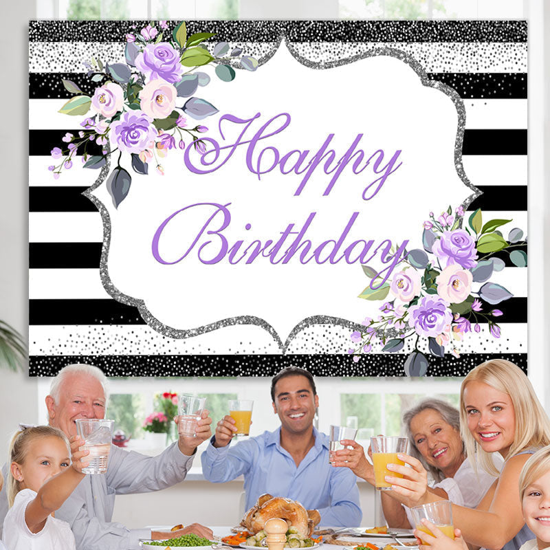 Lofaris Purple Floral Happy Birthday Glitter Stripes Party Backdrop
