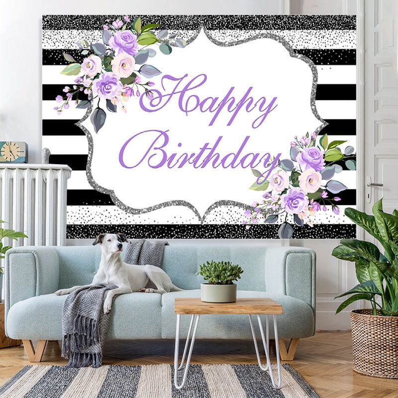 Lofaris Purple Floral Happy Birthday Glitter Stripes Party Backdrop
