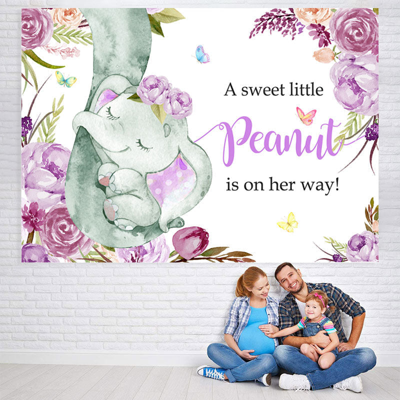 Lofaris Purple Floral Lovely Baby Elephent Shower Backdrop