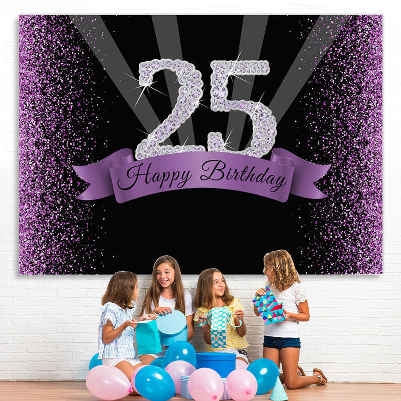 Lofaris Purple Glitter and Black Happy 25Th Birthday Backdrop