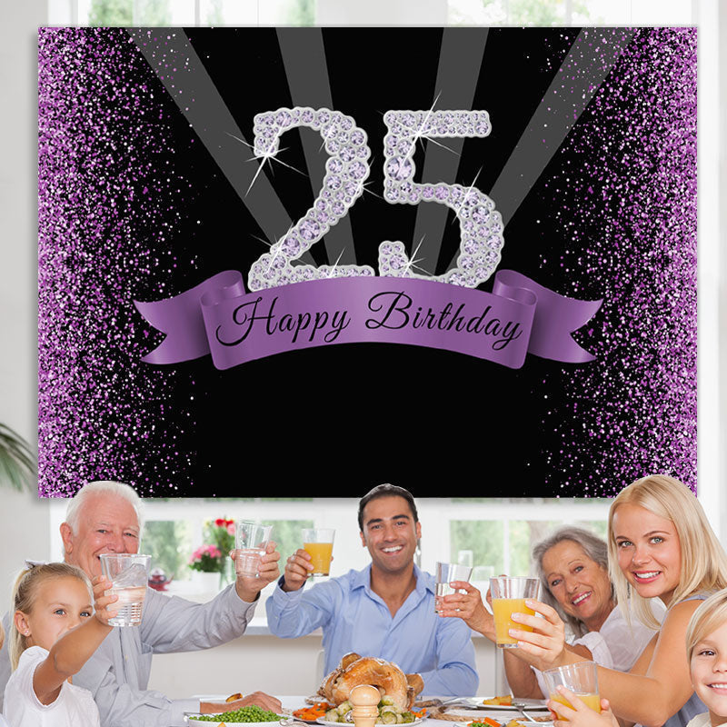 Lofaris Purple Glitter and Black Happy 25Th Birthday Backdrop