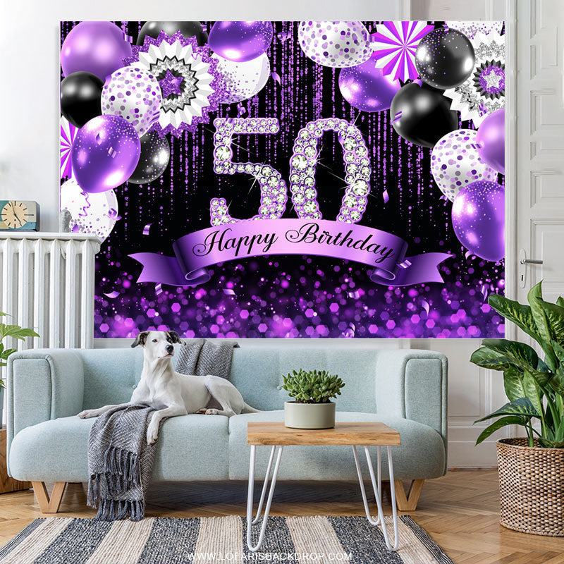 Lofaris Purple Glitter Balloons Black 50th Birthday Backdrop