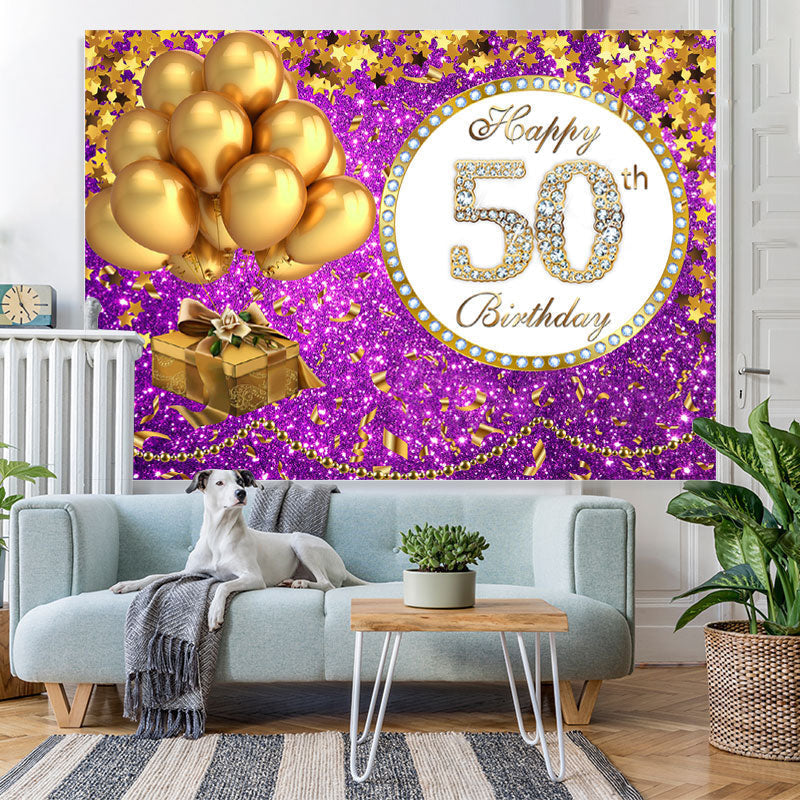 Lofaris Purple Glittle and Gold Balloon 50th Birthday Backdrop