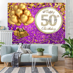 Lofaris Purple Glittle and Gold Balloon 50th Birthday Backdrop