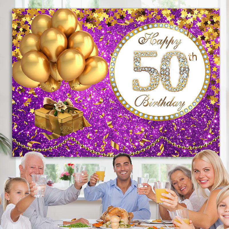 Lofaris Purple Glittle and Gold Balloon 50th Birthday Backdrop