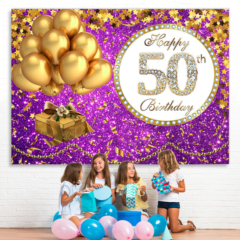 Lofaris Purple Glittle and Gold Balloon 50th Birthday Backdrop