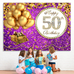 Lofaris Purple Glittle and Gold Balloon 50th Birthday Backdrop