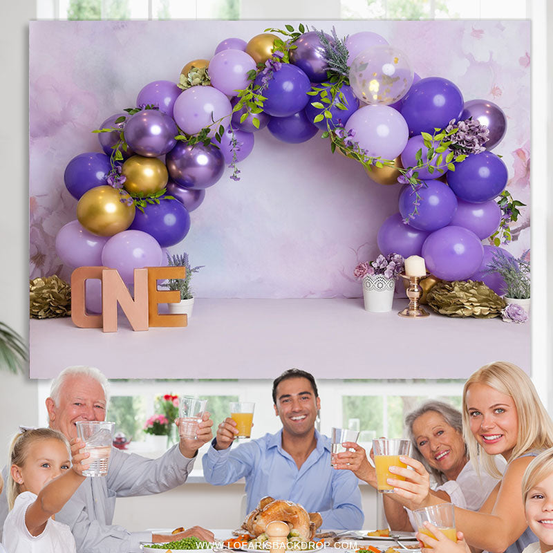 Lofaris Purple Gold Balloons Leaves One Happy Birthday Backdrop