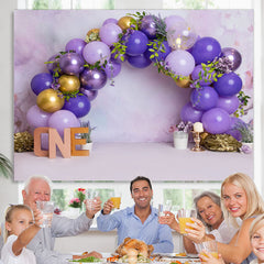 Lofaris Purple Gold Balloons Leaves One Happy Birthday Backdrop