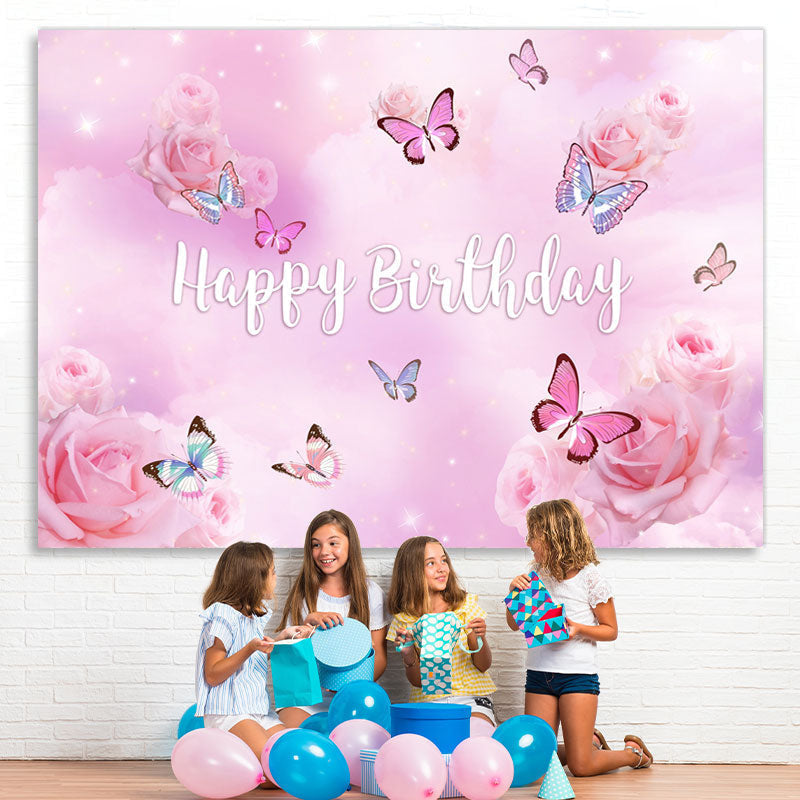 Lofaris Purple Pink Butterfly Floral Happy Birthday Backdrop