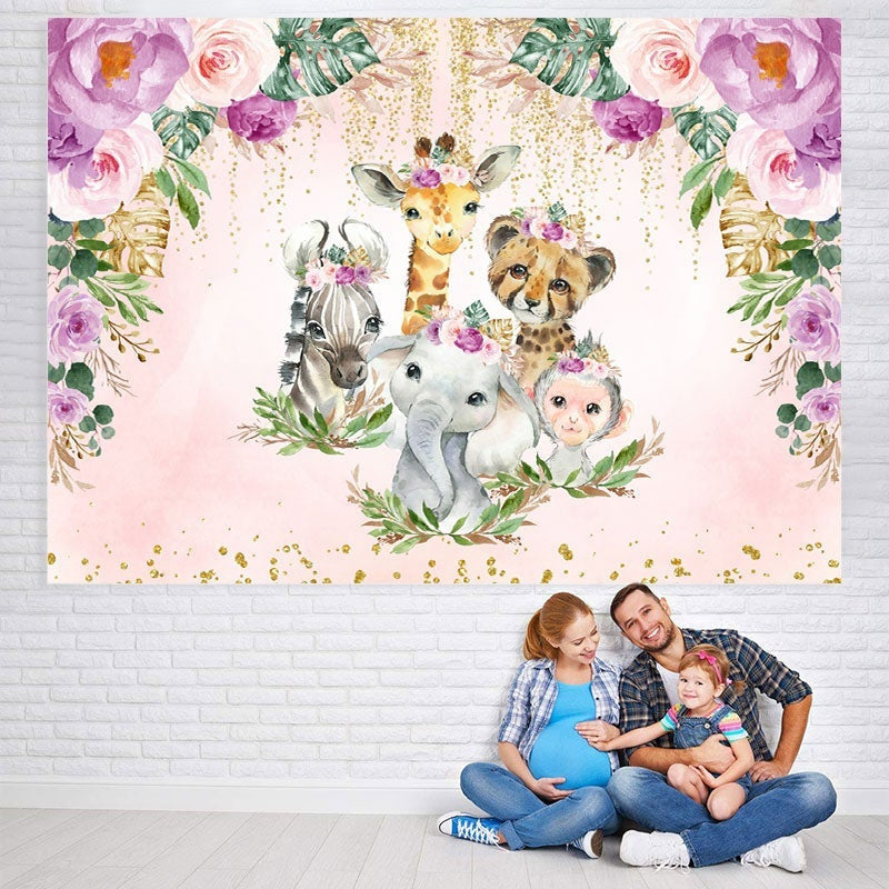 Lofaris Purple Pink Flowers Glitter Boho Baby Shower Backdrop