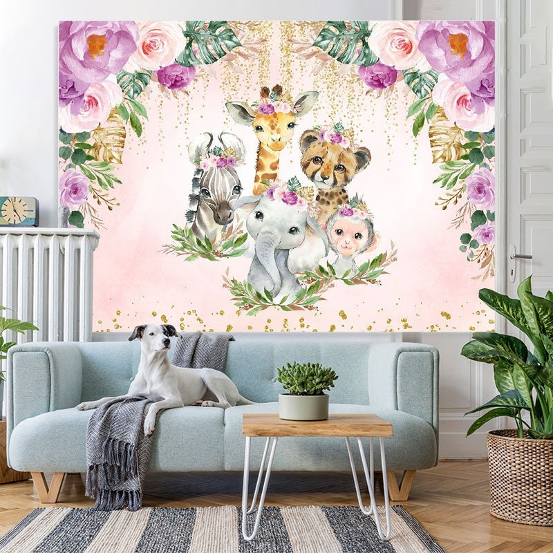 Lofaris Purple Pink Flowers Glitter Boho Baby Shower Backdrop