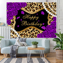 Lofaris Purple Rose Leopard Glitter Happy Birthday Backdrop