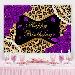 Lofaris Purple Rose Leopard Glitter Happy Birthday Backdrop