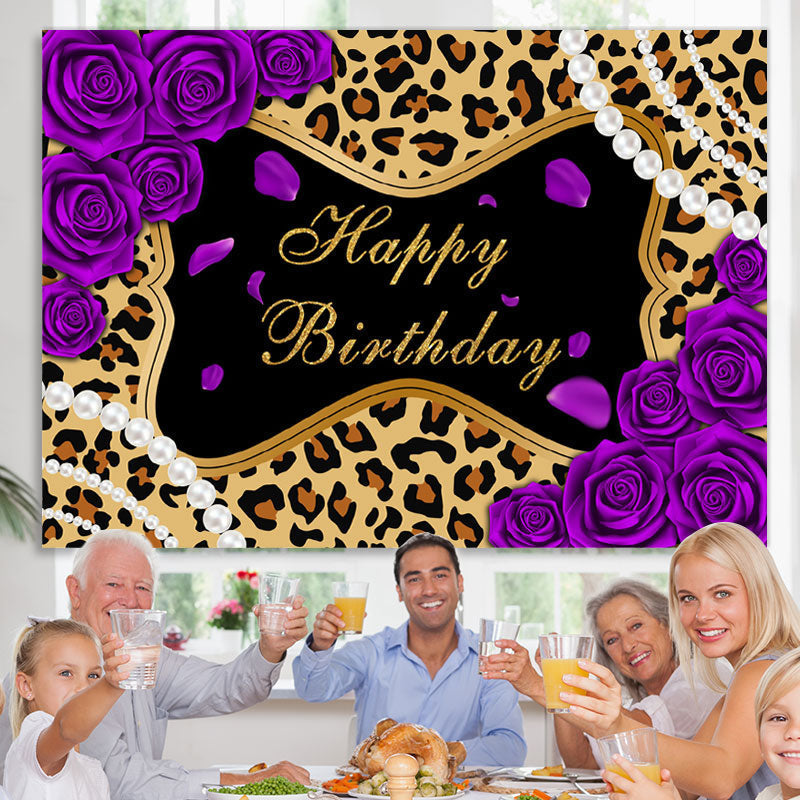 Lofaris Purple Rose Leopard Glitter Happy Birthday Backdrop