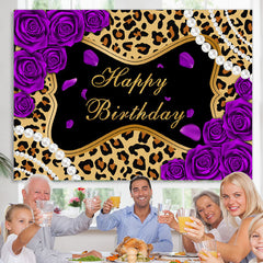 Lofaris Purple Rose Leopard Glitter Happy Birthday Backdrop