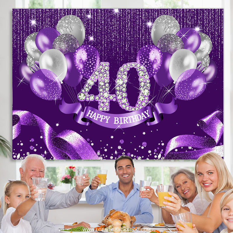 Lofaris Purple Silver Ribbion Happy 40Th Birthday Backdrop