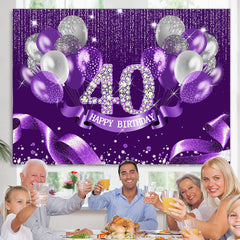 Lofaris Purple Silver Ribbion Happy 40Th Birthday Backdrop