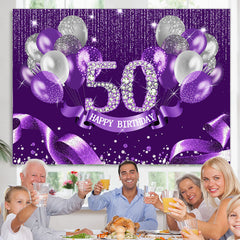 Lofaris Purple Silver Ribbion Happy 50Th Birthday Backdrop