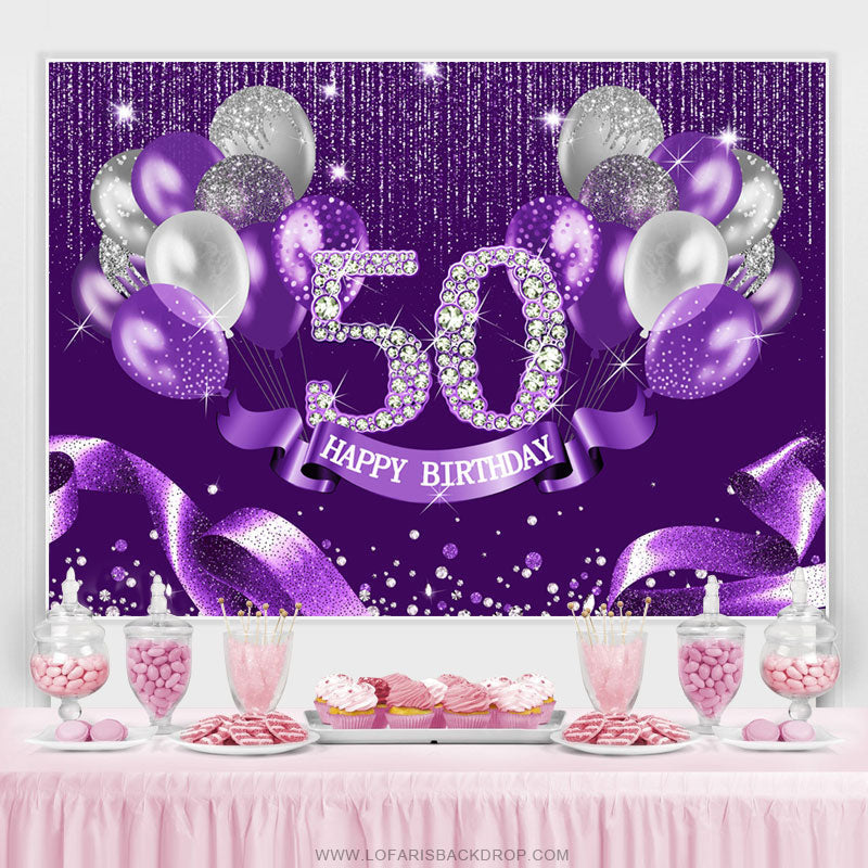 Lofaris Purple Silver Ribbion Happy 50Th Birthday Backdrop