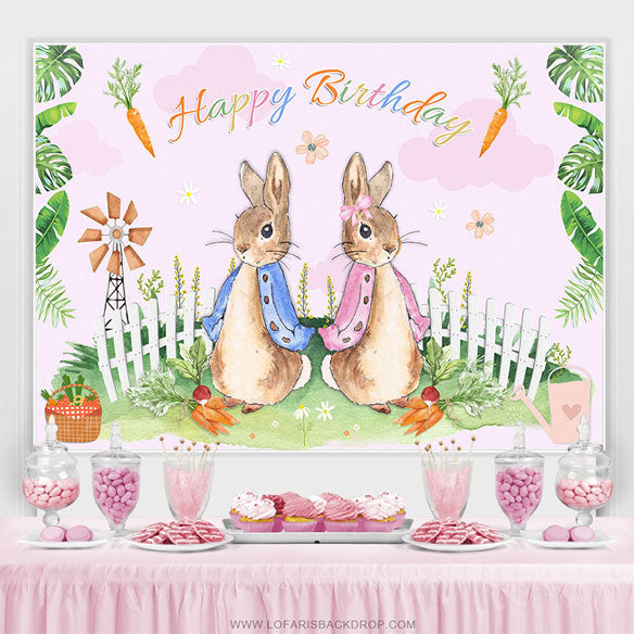 Lofaris Rabbits Carrots Summer Scene Happy Birthday Backdrop