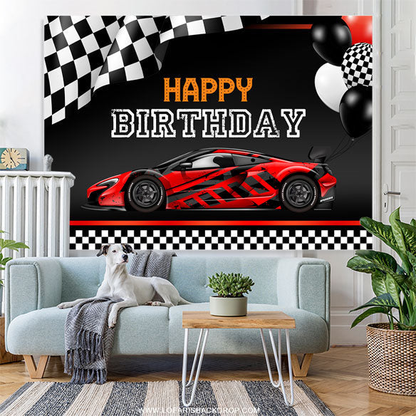 Lofaris Racing Car Theme Balloons Black Happy Birthday Backdrop