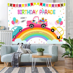 Lofaris Rainbow And Cartoon Car Birthday Parade Theme Backdrop
