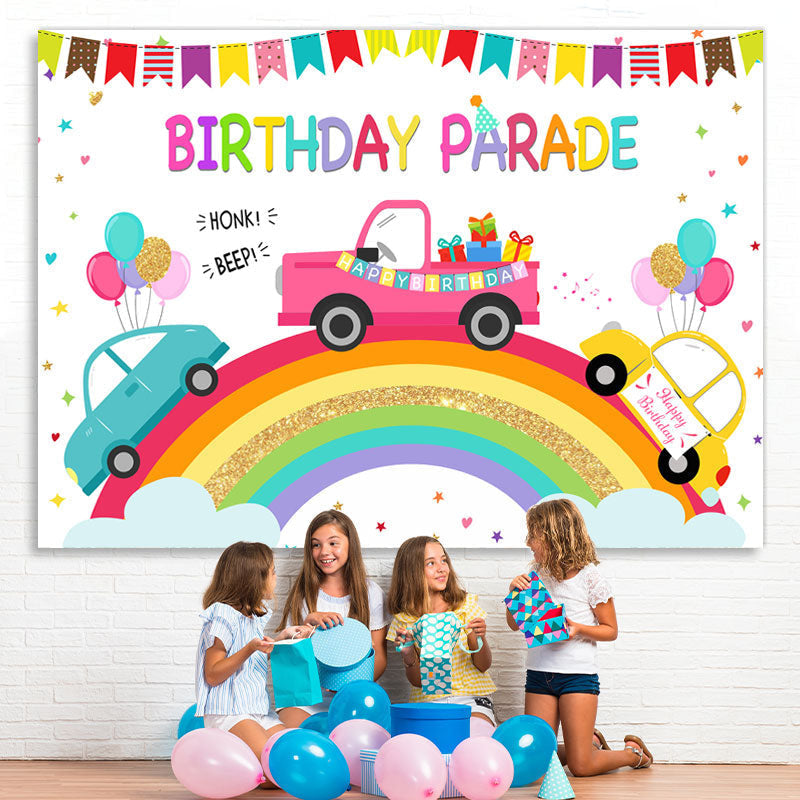 Lofaris Rainbow And Cartoon Car Birthday Parade Theme Backdrop
