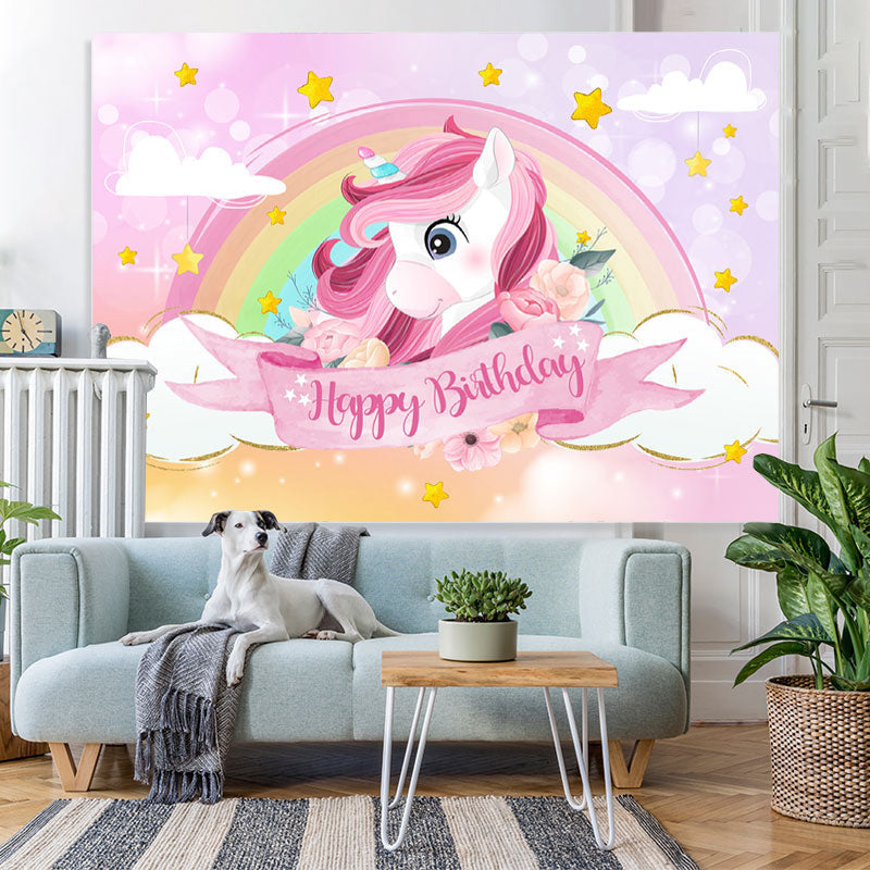 Lofaris Rainbow And Cloud Pink Unicorn Themed Birthday Backdrop