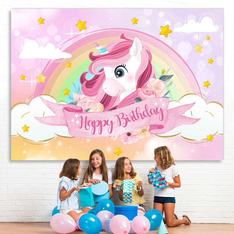 Lofaris Rainbow And Cloud Pink Unicorn Themed Birthday Backdrop