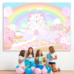 Lofaris Rainbow And Pink Castle Wonderland Birthday Backdrop