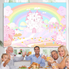 Lofaris Rainbow And Pink Castle Wonderland Birthday Backdrop