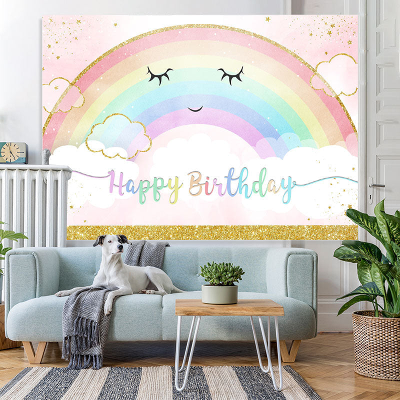 Lofaris Rainbow And White Cloud Gold Birthday Backdrop For Girl