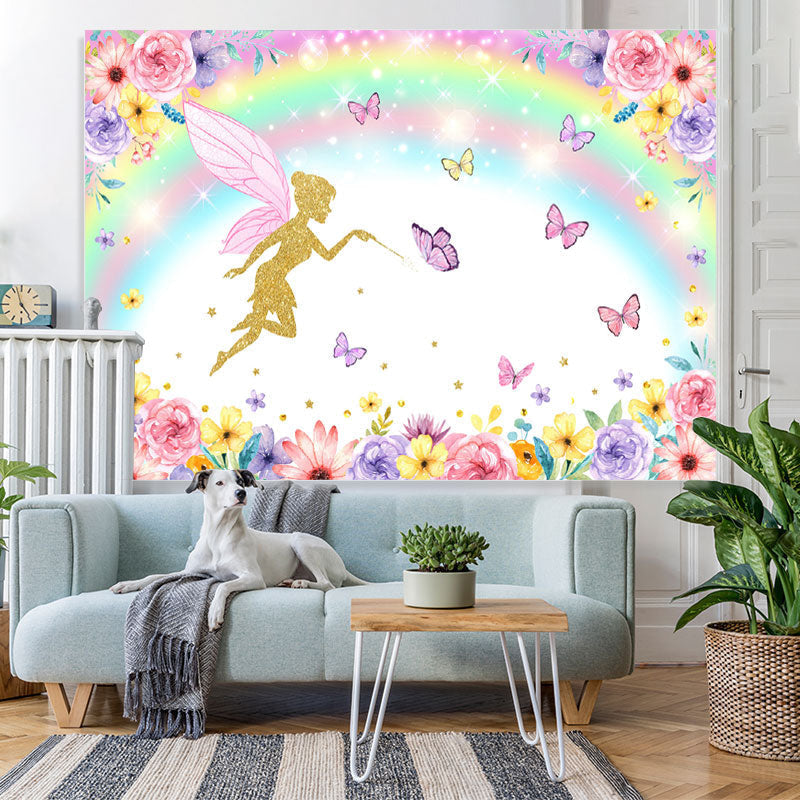 Lofaris Rainbow Butterfly Flowers Birthday Backdrop for Girl