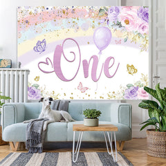 Lofaris Rainbow Floral Butterfly One Birthday Glitter Backdrop for Party