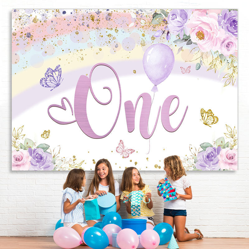 Lofaris Rainbow Floral Butterfly One Birthday Glitter Backdrop for Party