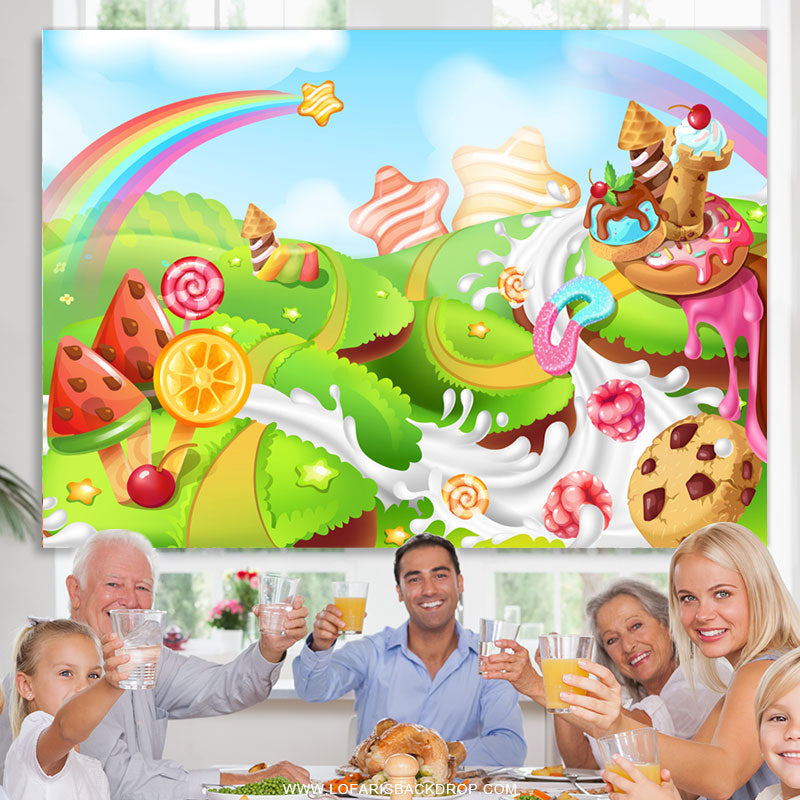 Lofaris Rainbow Star Candyland Happy Birthday Backdrop
