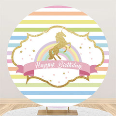 Lofaris Rainbow Stripe Gold Horse Happy Birthday Round Backdrop