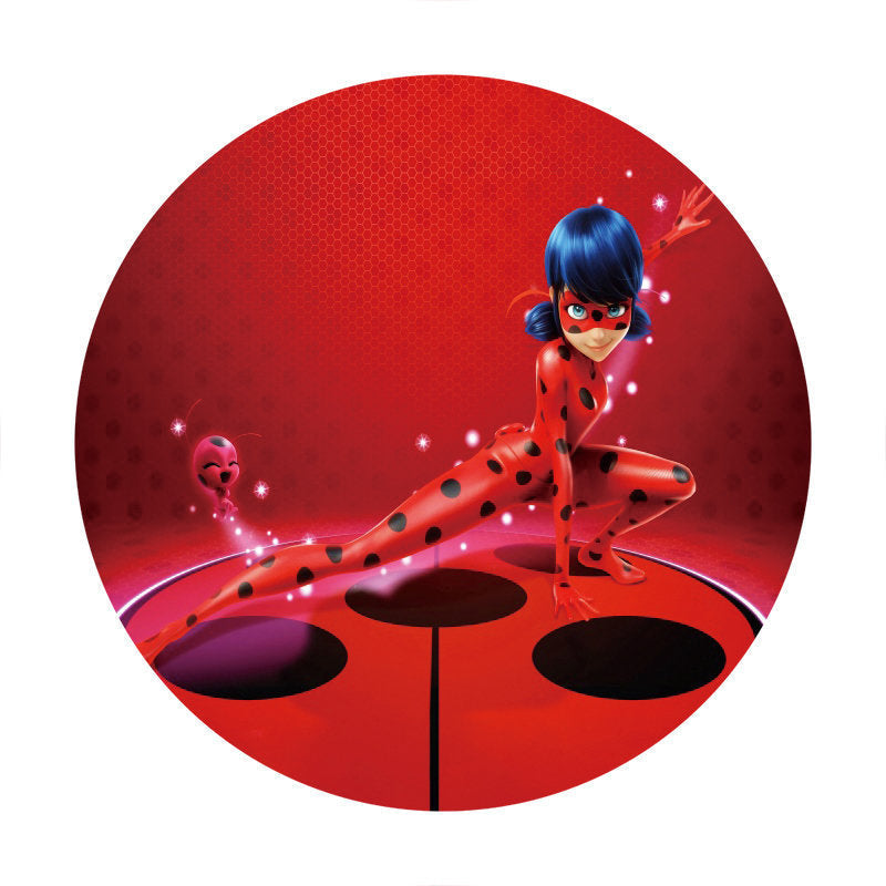 Lofaris Red And Black Round Cartoon Girl Birthday Backdrop