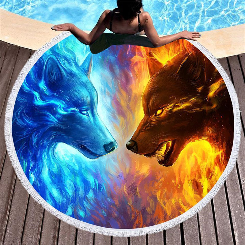Lofaris Red And Blue Fire Wolf Circle Beach Towel With Fringe