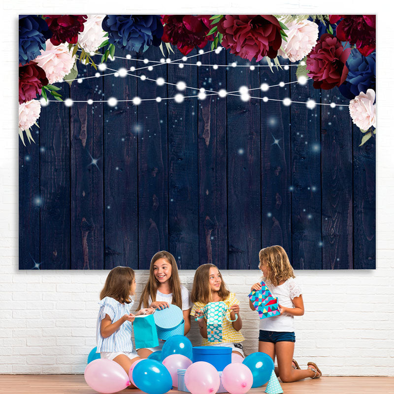 Lofaris Red and Blue Florals Lights Wooden Backdrop for Party