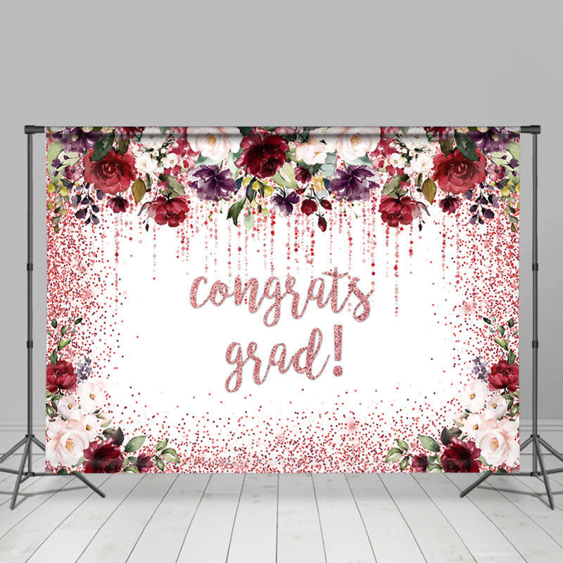 Lofaris Red And Pink Floral Glitter Congrats Grad Backdrop
