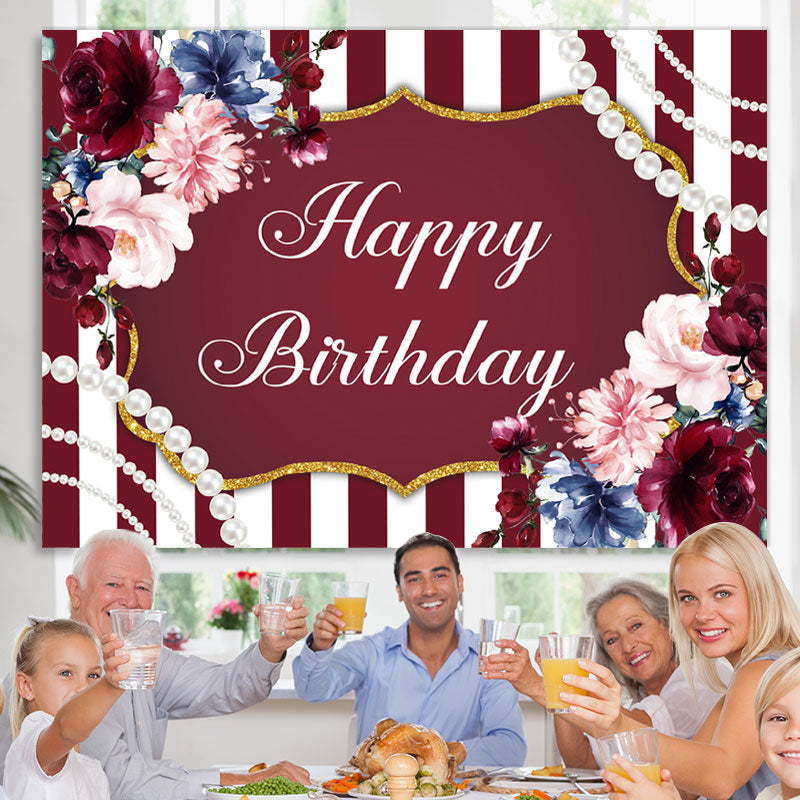 Lofaris Red And White Line With Floral Gold Birthday Backdrop