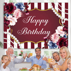 Lofaris Red And White Line With Floral Gold Birthday Backdrop