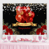 Lofaris Red Balloon Rose Happy Birthday Gold Glitter Lights Black Backdrop