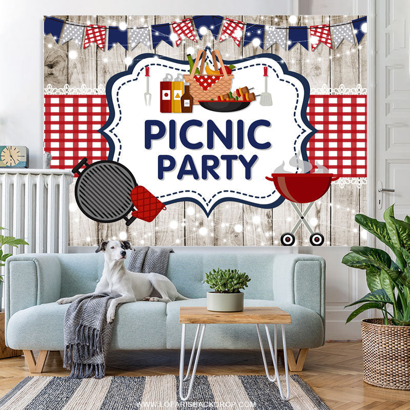 Lofaris Red Blue Flags And White Wood Picnic Birthday Backdrop