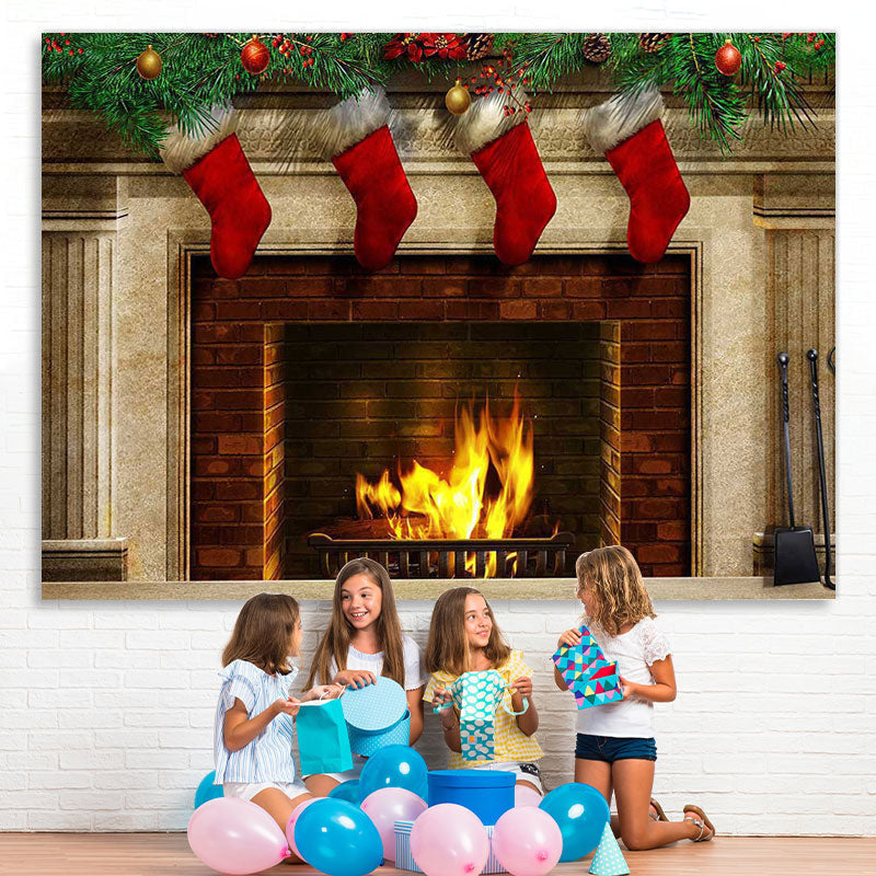 Lofaris Red Christmas stockings fireplace Photoshoot backdrop